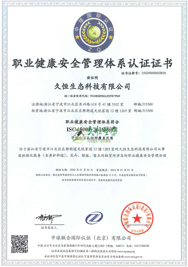 江夏职业健康安全管理体系ISO45001证书